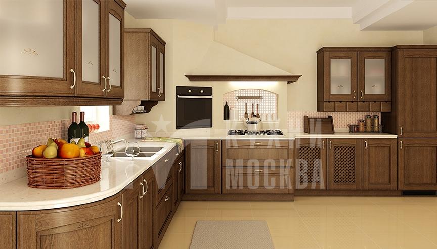 Угловая светло-коричневая кухня в классическом стиле - Богучарово
