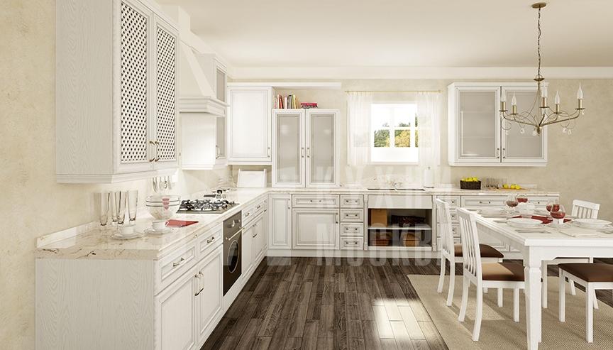 Стильный белый кухонный гарнитур с фасадами из массива черешни - Софрино