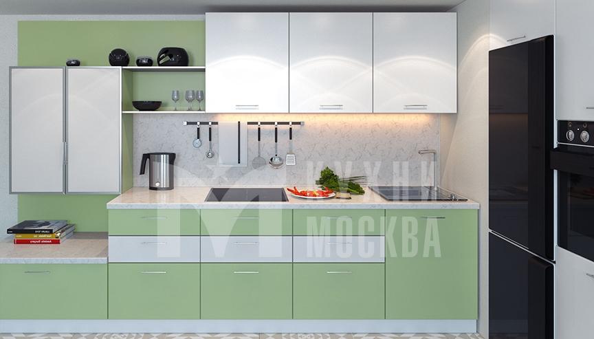Современная угловая бело-зеленая кухня с фасадами из ДСП Берсеневская