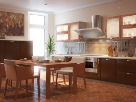 Современная кухня коричневого цвета с крашенными фасадами шаболовка в каталоге