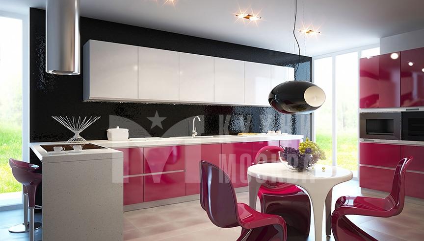 бело-розовая глянцевая кухня в современном стиле вешняки